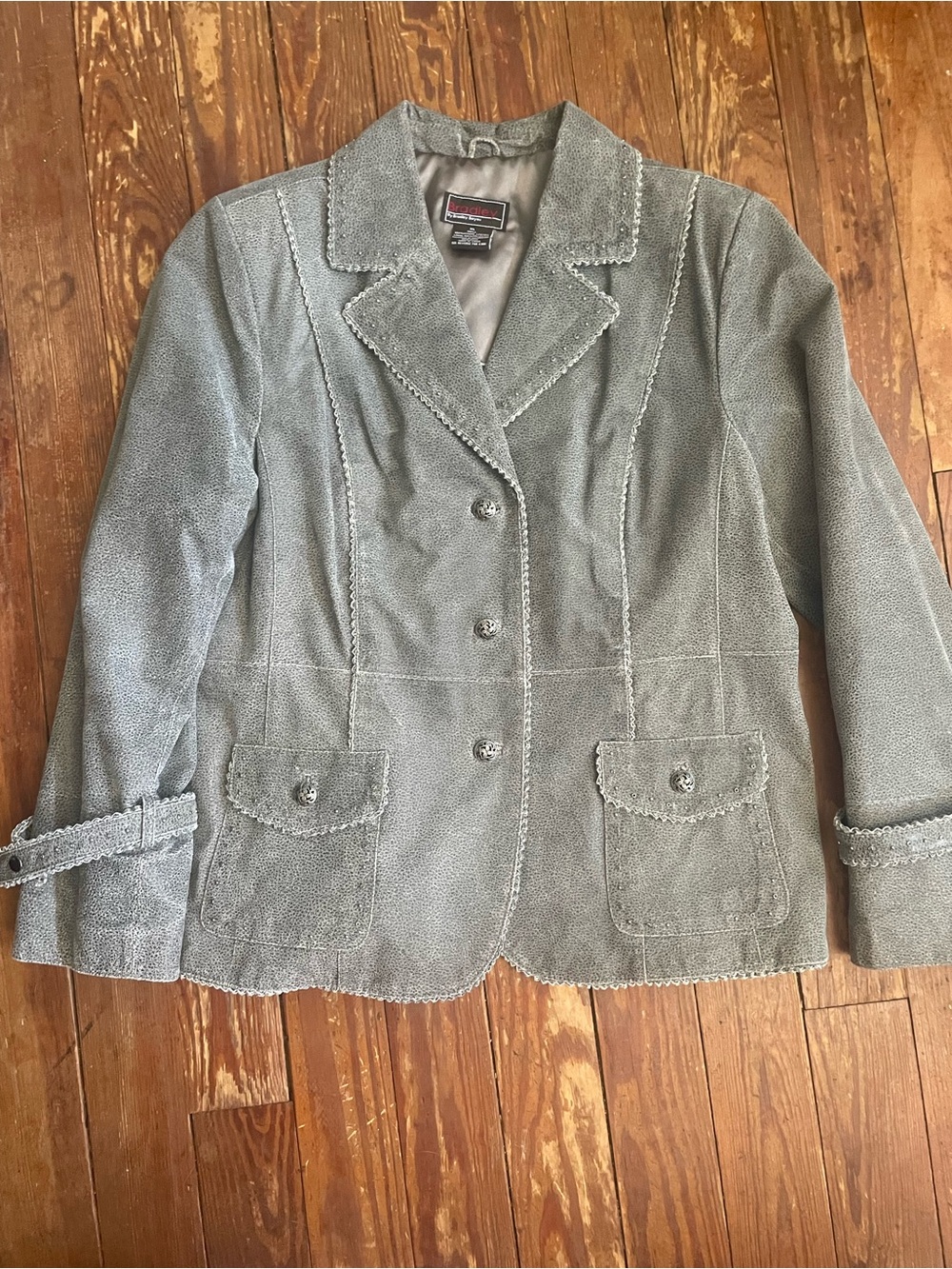 Light Gray Textured Genuine Leather Button-Front Jacket